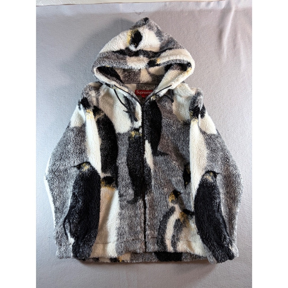 Supreme Penguins Hooded Fleece Jacket Grey White Mens Medium FW20 Zip Up